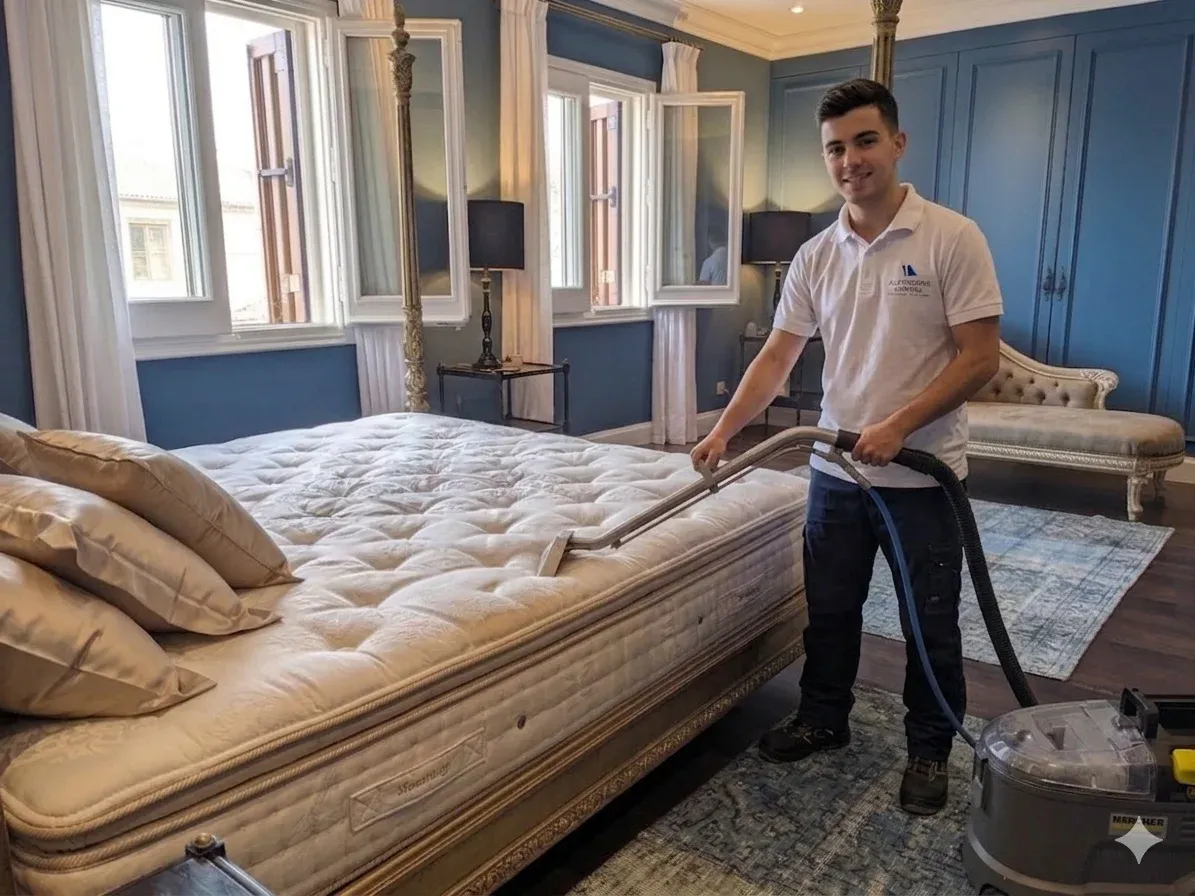 Técnico de Vaporex aspirando un colchón de matrimonio en un dormitorio
