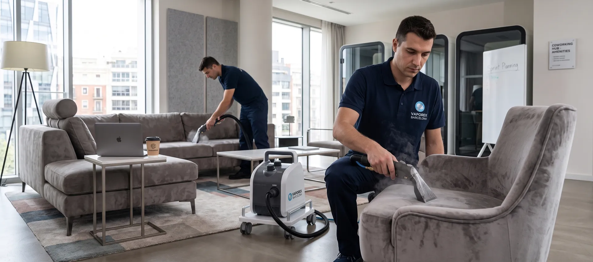 Vaporex Barcelona technicians cleaning in an office