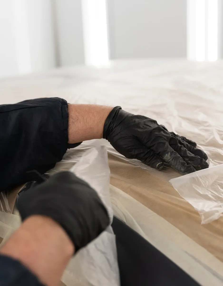 Manos con guantes protegiendo con plástico y cinta las zonas del mueble que no se van a tratar