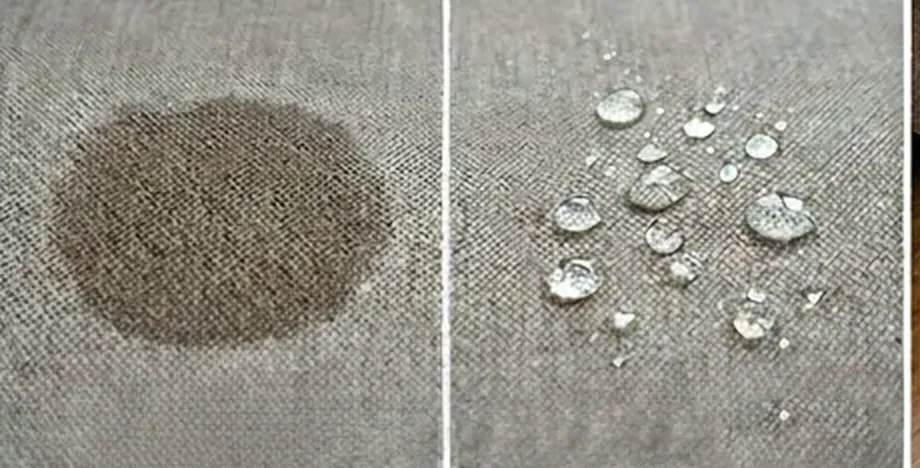 Comparación sobre el mismo tejido: a la izquierda una mancha absorbida, a la derecha gotas de agua sobre el tejido blindado
