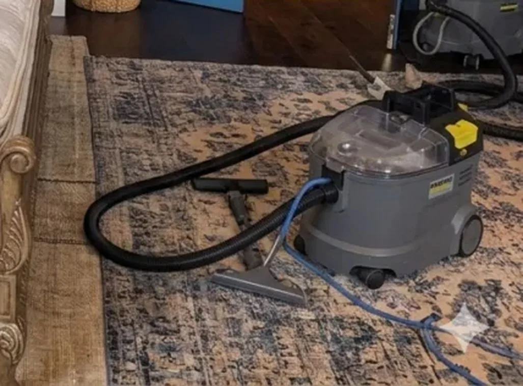 Alfombra de lana limpiándose en el suelo del domicilio con máquina de inyección-extracción
