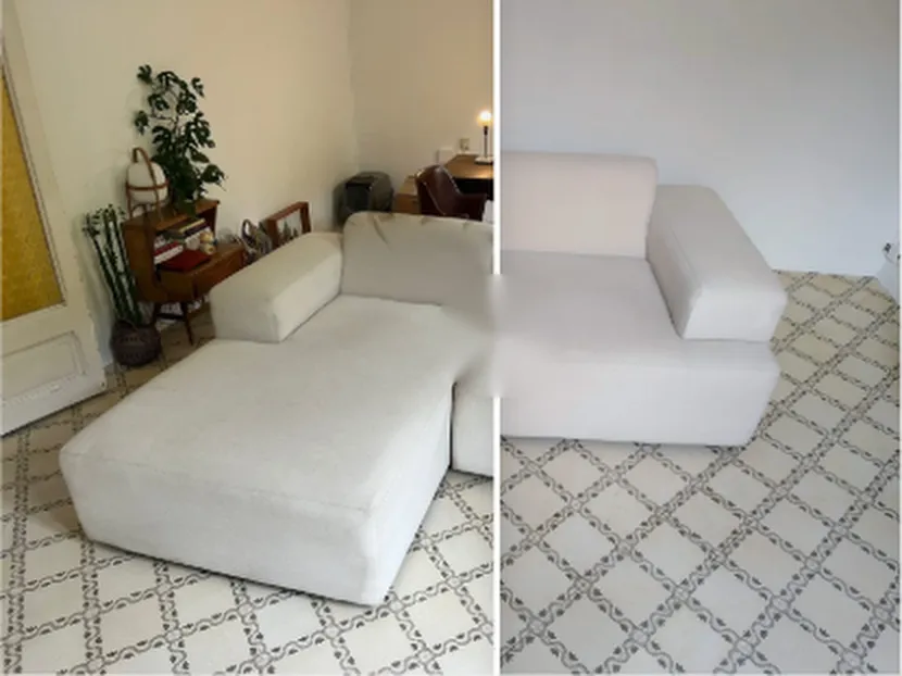 Sofá chaise longue de tela blanca: mitad izquierda antes de la limpieza, mitad derecha después