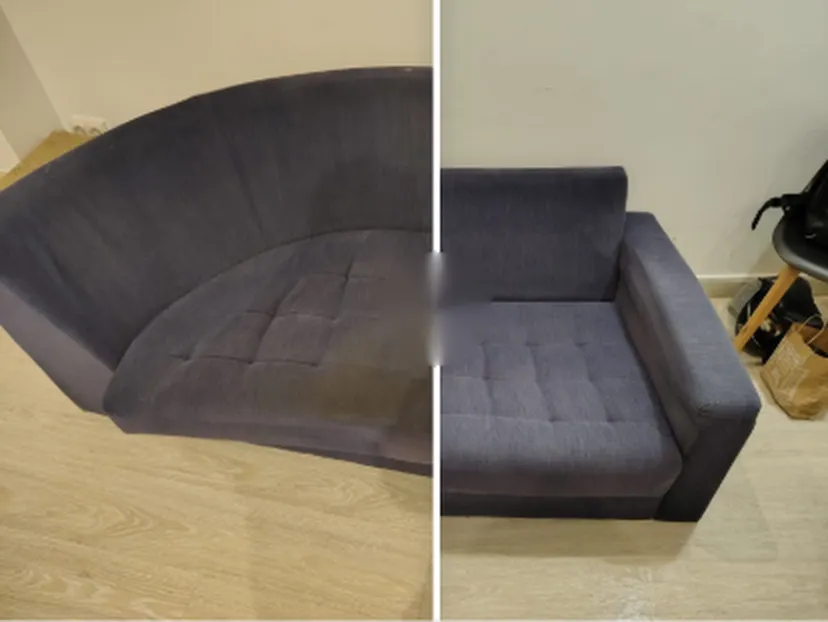 Sofá curvo de tela gris oscuro: antes y después de la limpieza