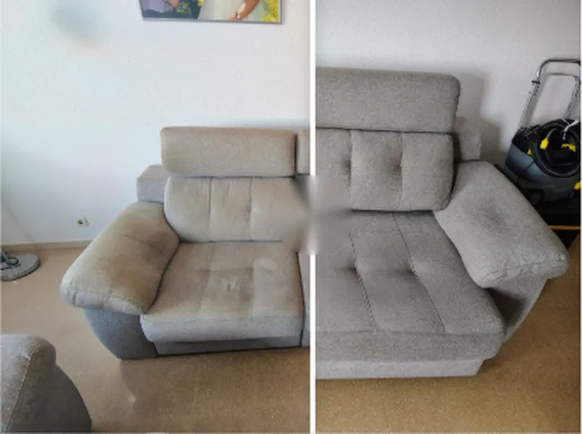 Sofá de dos plazas beige: con manchas antes y limpio después