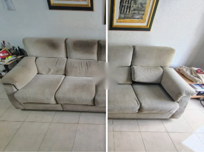 Sofá de tres plazas beige: antes y después de la limpieza con inyección-extracción
