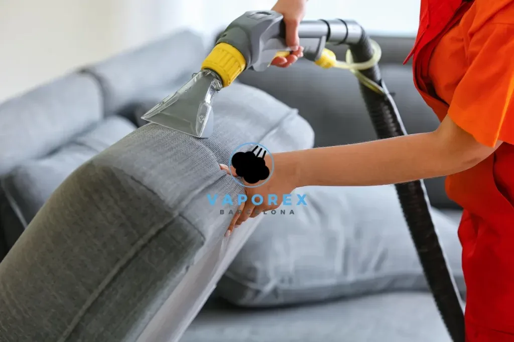 Técnico limpiando el brazo de un sofá gris con máquina de inyección-extracción